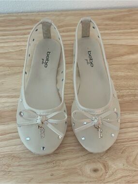 bebe Girls Size 1 Ballet Flats – Nude Bow Rhinestone Dress Shoes